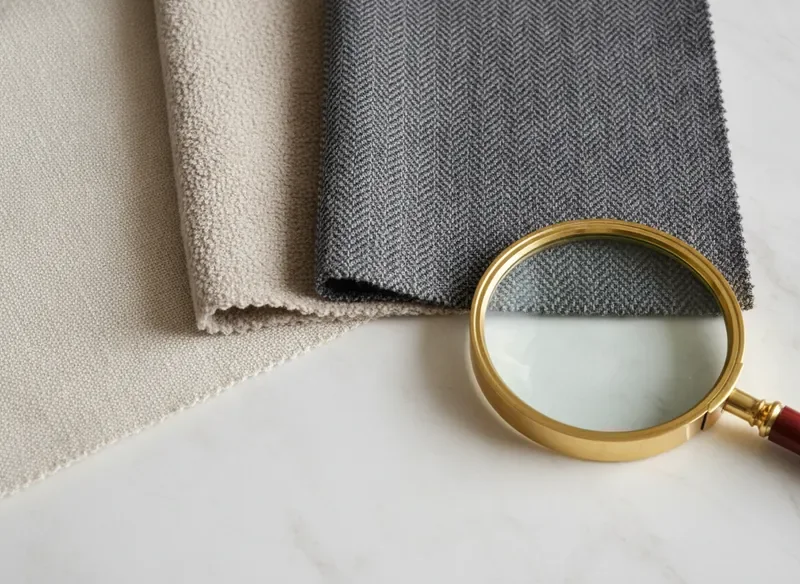 Premium fabric swatches in cream, oat, and charcoal textures arranged on a stone surface