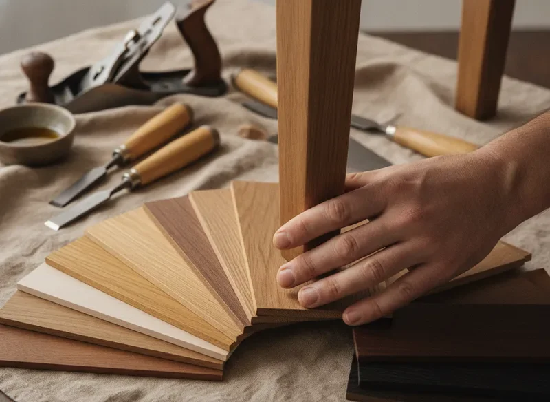 Artisan hand touching a sanded oak table leg with wood finish samples in warm tones