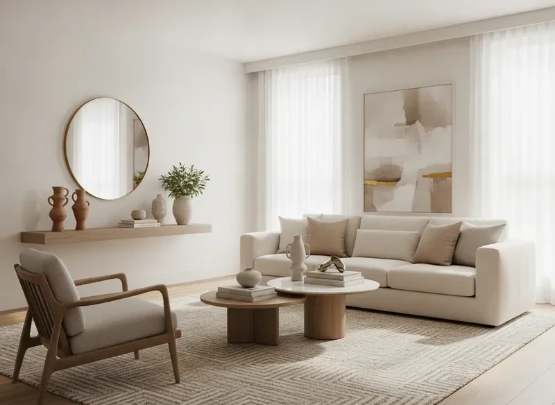 Bright editorial interior design photo of a warm, light-filled living room with elegant neutral furniture
