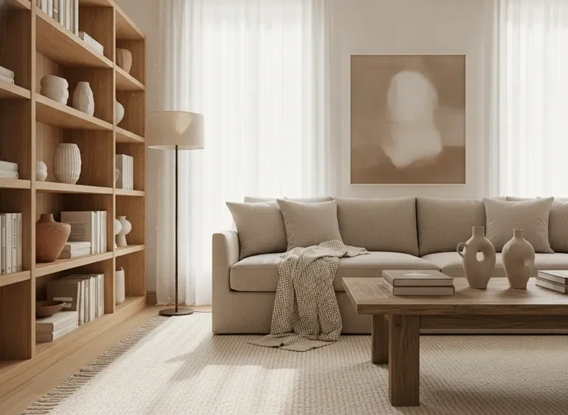 Transformed living room with warm materials and timeless furniture foundation