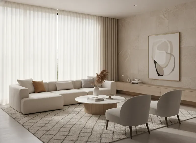 Refined living room interior with modern furniture and warm neutral palette
