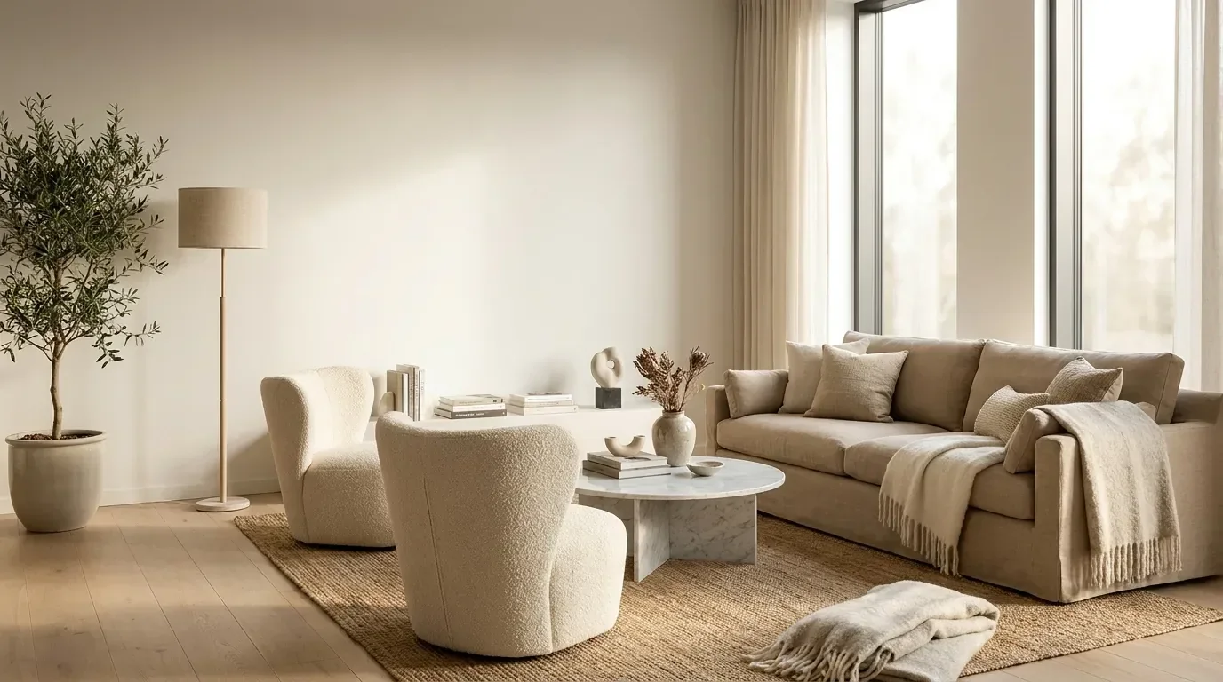 Bright premium living room with curated furniture and natural light