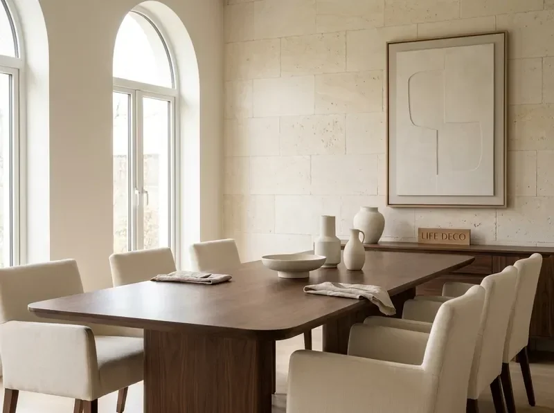 Dining Spaces with refined tables and warm wood textures