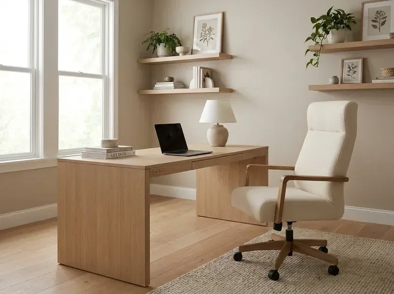Workspaces with calm desks, shelving, and executive seating